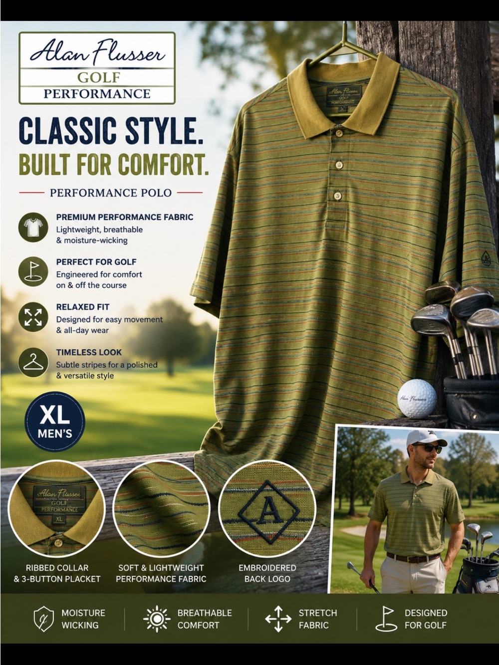 Alan Flusser Olive and Gold Striped Golf Polo